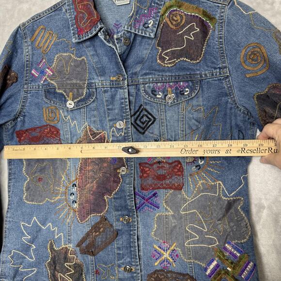 Chico's Jacket Womens 1 Medium Blue Denim Embroidered Applique Boho Mixed Media - Picture 6 of 10